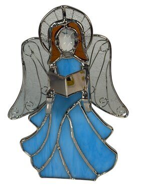 Stained Glass Angel Holding a Book Candle Holder Blue 8"